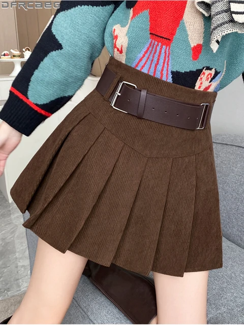 Winter Corduroy Pleated Mini Skirt Women Y2K Fashion Streetwear High Waist Tennis Short Skirts With Shorts A-line Girl Faldas