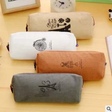 4Pcs Retro Paris Style Pen Case Linen Pencil Bag School Office Stationery Supplies |