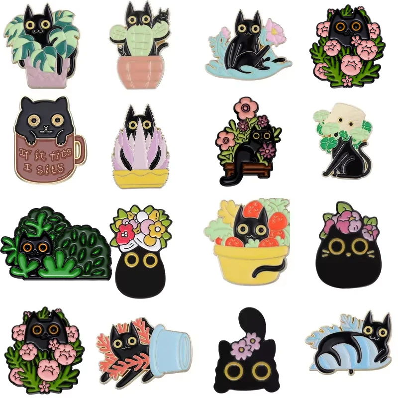 Tier Katze Kätzchen Topfpflanze Emaille Pin Set Brosche Abzeichen Blume benutzer definierte Schmuck Geschenk Großhandel Revers Hut Cartoon Zubehör