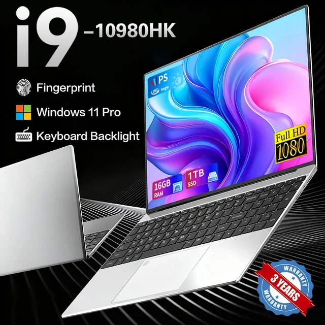 Ordinateur portable 2026 Intel Core i9-10980HK Windows 11 Pro 15,6 pouces 16 Go de RAM 1 To/2 To SSD Déverrouillage par empreinte digitale Ordinateurs portables de bureau et de jeu 1