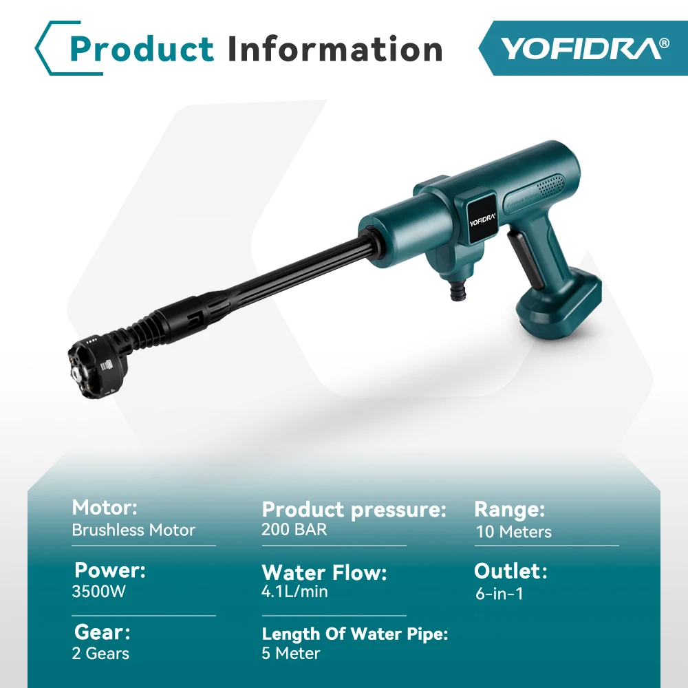 YOFIDRA 200Bar Brushless Electric High Pressure Washer Water Gun 6IN1 Cordless Car Washer Cleaning Garden For Makita 18V Battery 2