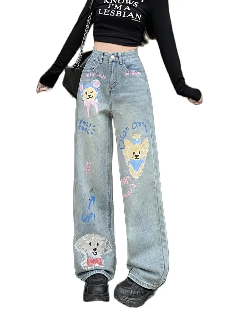 

2024 New niche Design Straight Cartoon Graffiti Printed Wide Legged Jeans Women's Y2k Loose High Waist Slim Straight Leg Pants