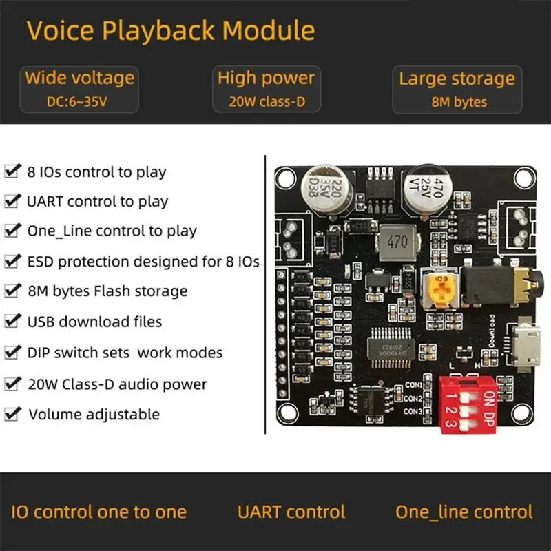 ABZZ-재생 모듈 DY-HV8F 12V/24V 10W/20W, Arduino 재생 모듈용 8MB 플래시 스토리지 포함, 마이크로 USB