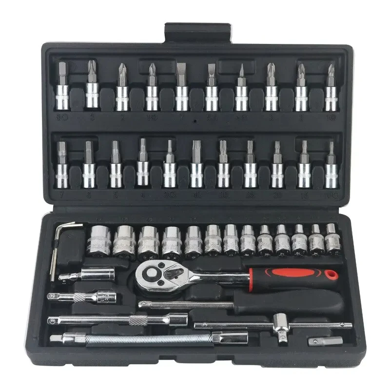 

46pc Socket Wrench Set Household Chrome Vanadium Steel Motorcycle Auto Car Repair Tool Ratchet Torque Combo Mechanical Tools Box