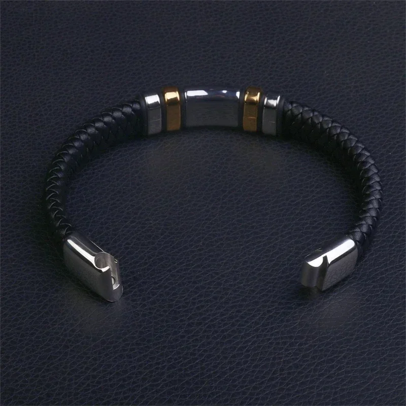 Classic Black Single Layer Hand Braided Leather Bracelet with Magnetic Closure Men's Charm Fashion Casual Jewelry Gift bangle bracelet leather bracelets leather bracelet woven bracelets magnetic bracelet