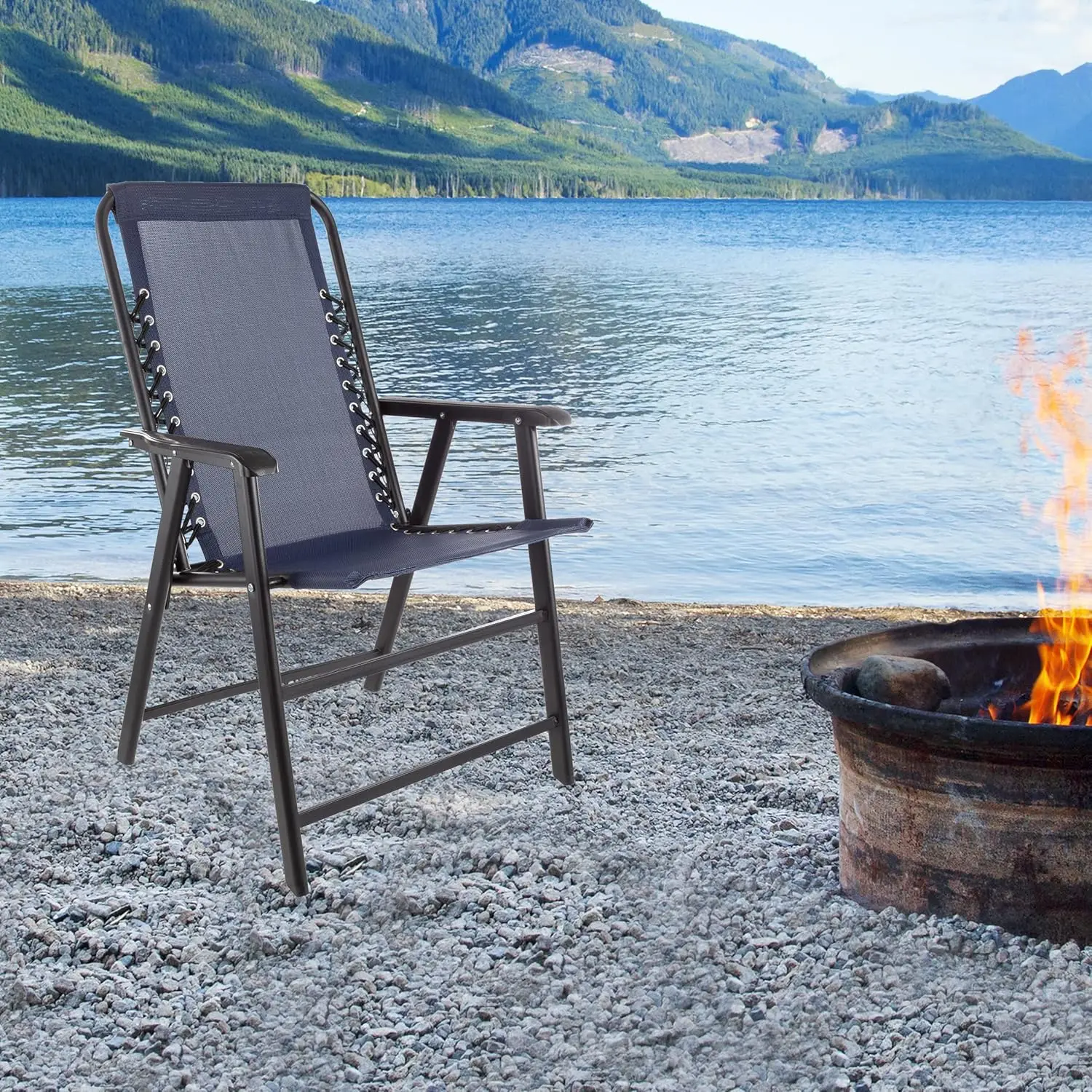 Folding Camping Chairs. Set of 2. Lawn Chairs. Textilene Fabric. Bungee Suspension. Portable. Navy.