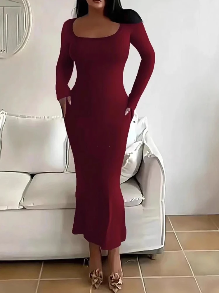 Women's Solid Long Sleeve Bodycon Dress, Chic Basic Minimalist Causual Fashion Scoop Neck Long Dress, Womenswear