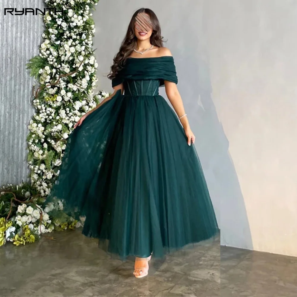 

Ryanth Dark Green Evening Dresses Off Shoulder Tulle Arabian Dubai Prom Dress Ankle Length Formal Event Occasion Gowns Boat Neck