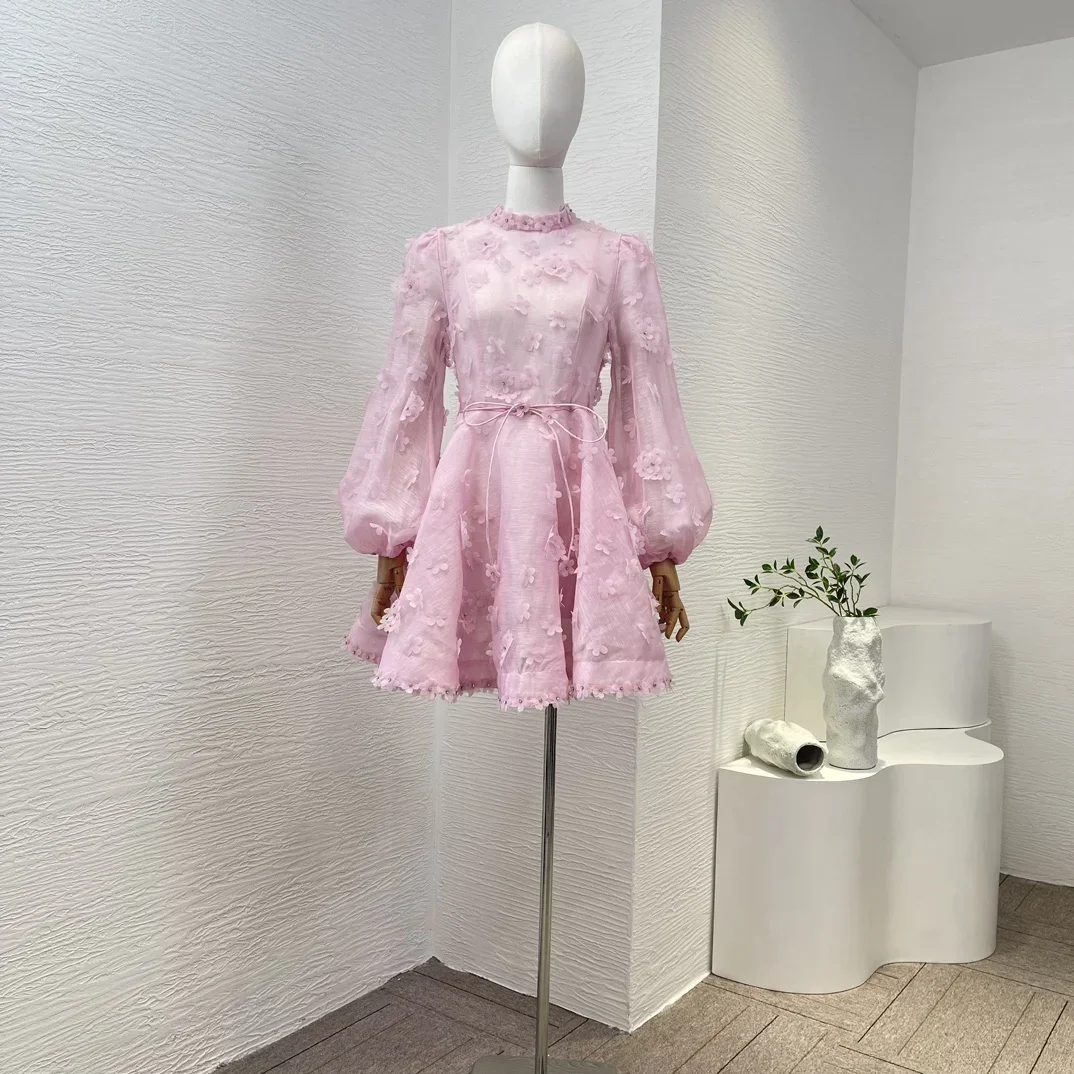 

Pink New High Quality Silk Linen Sweet Hand Work Flowers Appliques Long Sleeve Lace-up Belted Women White Mini Dress for Party