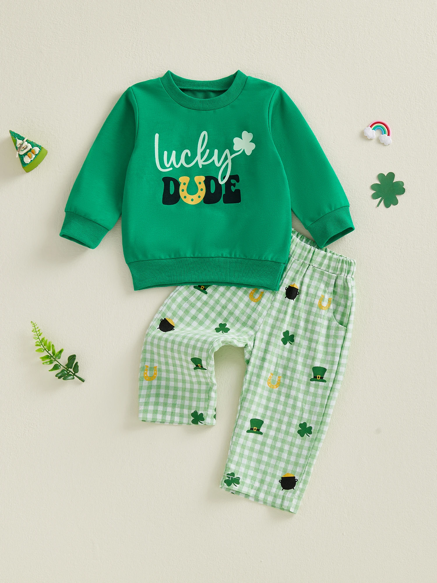 2-teiliges Set für Kleinkinder, Baby-Frühlings-Outfits, Kleeblatt-Buchstaben-Aufdruck, Rundhalsausschnitt, Langarm-Sweatshirt und karierte Hose – Detail 2