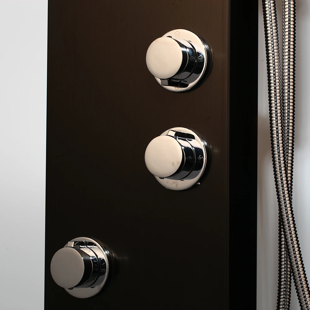 OUIO Black Shower Panel Wall Mounted LED Rainfall Shower Head Rain Massage Stainless Steel Bathroom Shower Panel Bathtub Mixer 4
