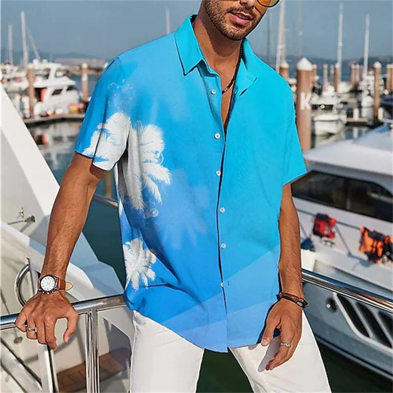 23 Hawaii hot coconut tree digital print men's short sleeve lapel casual loose shirt 5XL