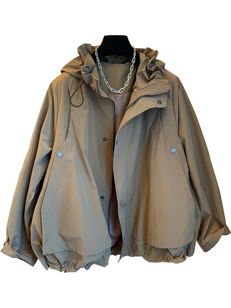 

Autumn Korean Vintage Cargo Jackets Hooded Women Y2k Streetwear Basic Coat Oversized Bomber Jackets Drawstring Female Outerwear