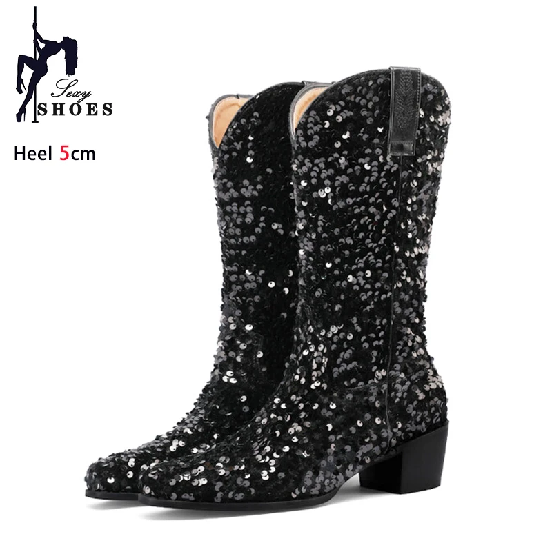 Women Sexy Western Boots Bling Bling Trends Party Chunk Heels Lady Shoes Fashion Pointed Nightclub Female Sequin Mid-Calf Boots