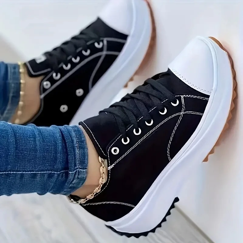 Womens Sneakers Running Shoes Women's Chunky Canvas Shoes Non Slip Lace Up Casual Sneakers Thick Sole Running Sports Shoes