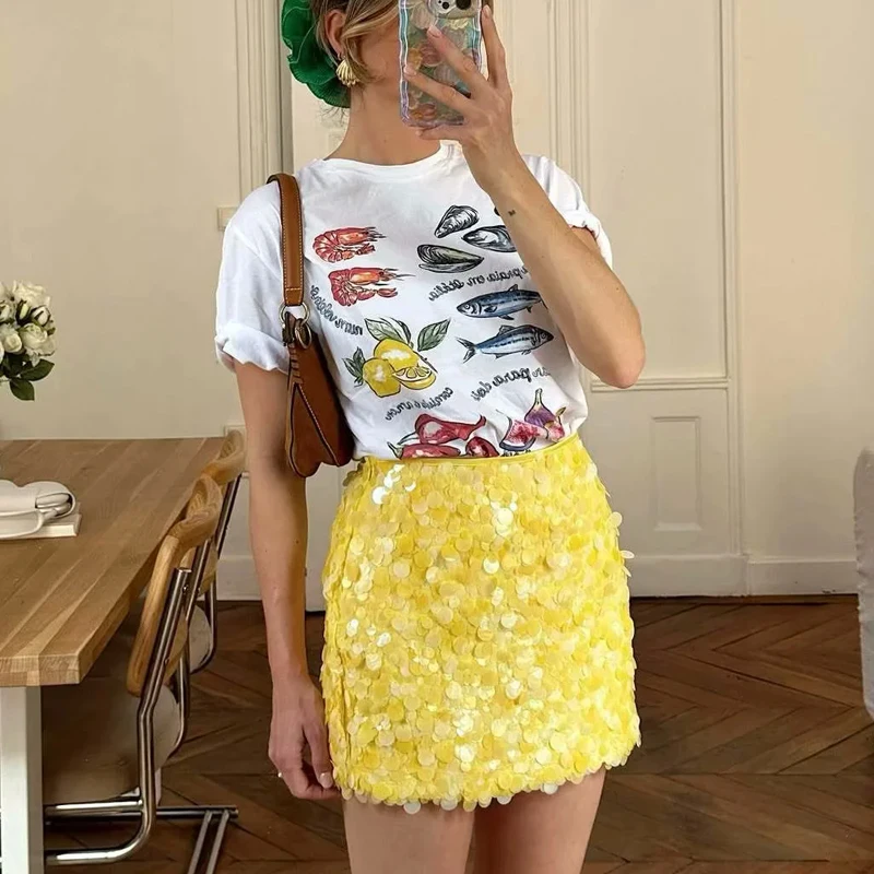 Yellow Sequin Mini Skirt Gold Sequin Skirt Zara BLUMARINE COUTURE SEQUIN  GOLD SKIRT - Main Image