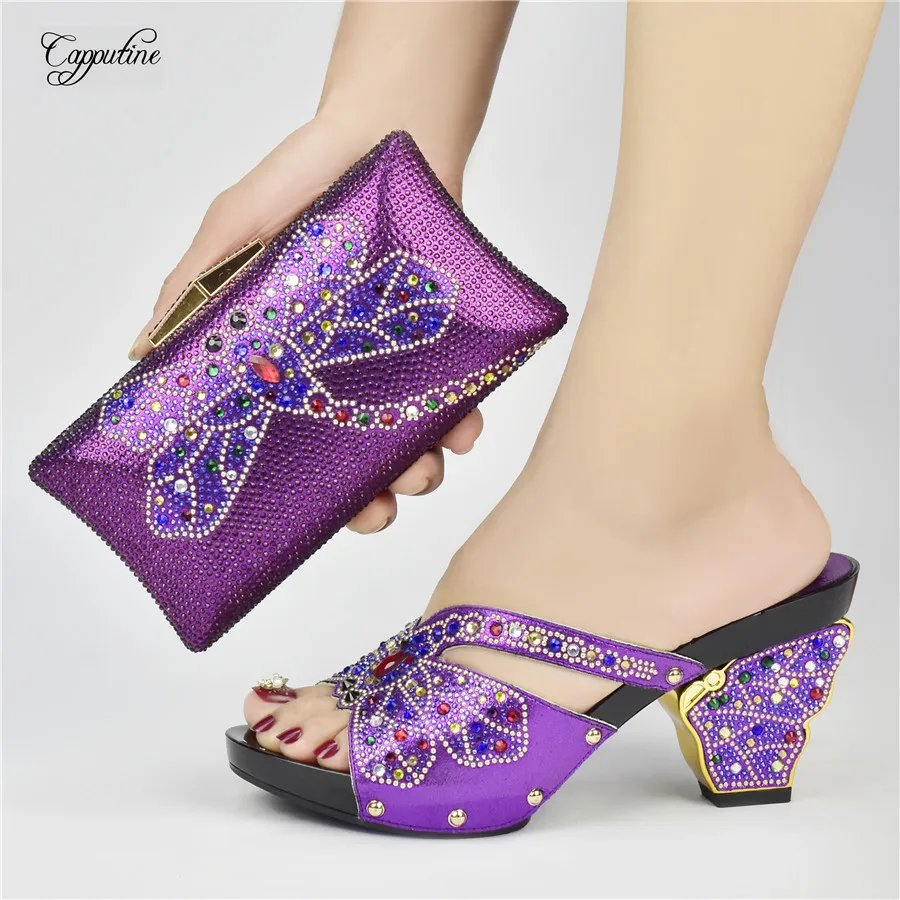 

Purple African Shoes And Purse Bag Set For Woman Ladies Summer Platform Slippers Matching With Handbag Pumps Clutch Sloffen Y1-3