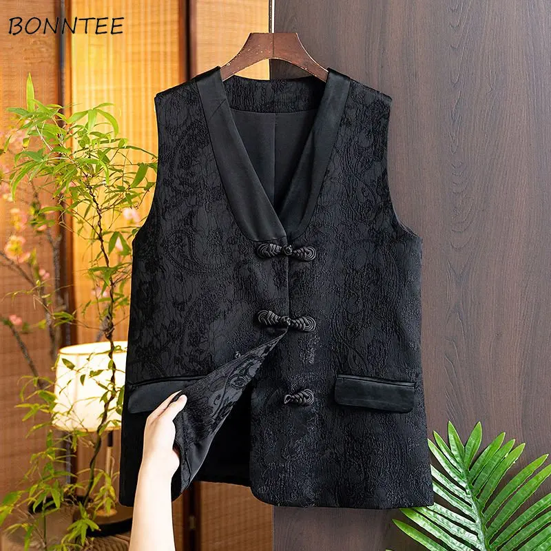 

Chinese Style Vests Women Delicate Chic Vintage Spring Sleeveless Outerwear Printed Office Lady Temperament Buttons 2023 Fashion