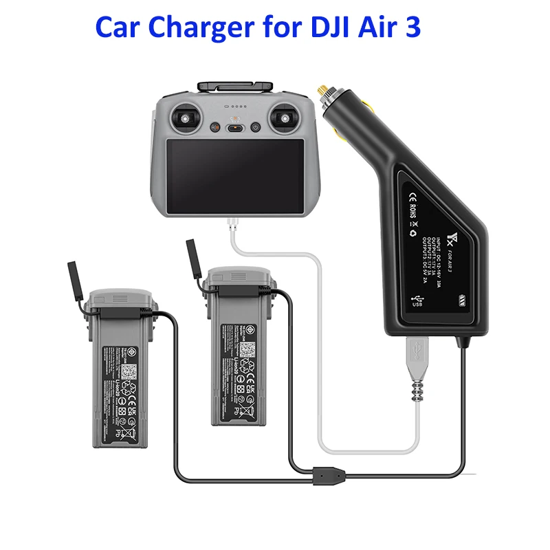 DJI Air 2S & Mavic Air 2 Car Charger - 3-in-1 Fast Charging Hub For 2 Batteries + Remote Controller