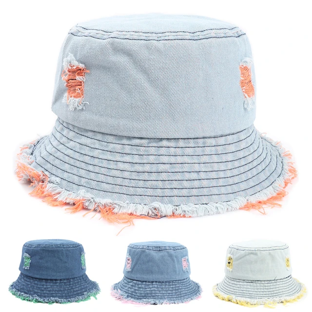 New Summer Unisex Tassel Washed Denim Bucket Hats Outdoor Wide