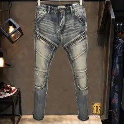 High Quality Fashion 2022 Worn Wash Splicing Zipper Decoration Multi Bag Elastic Motorcycle Biker Jeans Cargo Retro Pants Men