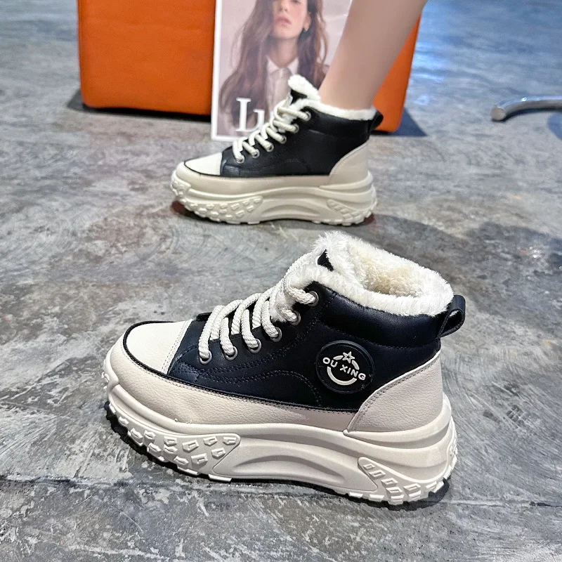 Women's Winter 2023 New Style Flat Boots Fleece Lined Thickened Warm Cotton Shoes High Top Little White Shoes Hx-q037 2