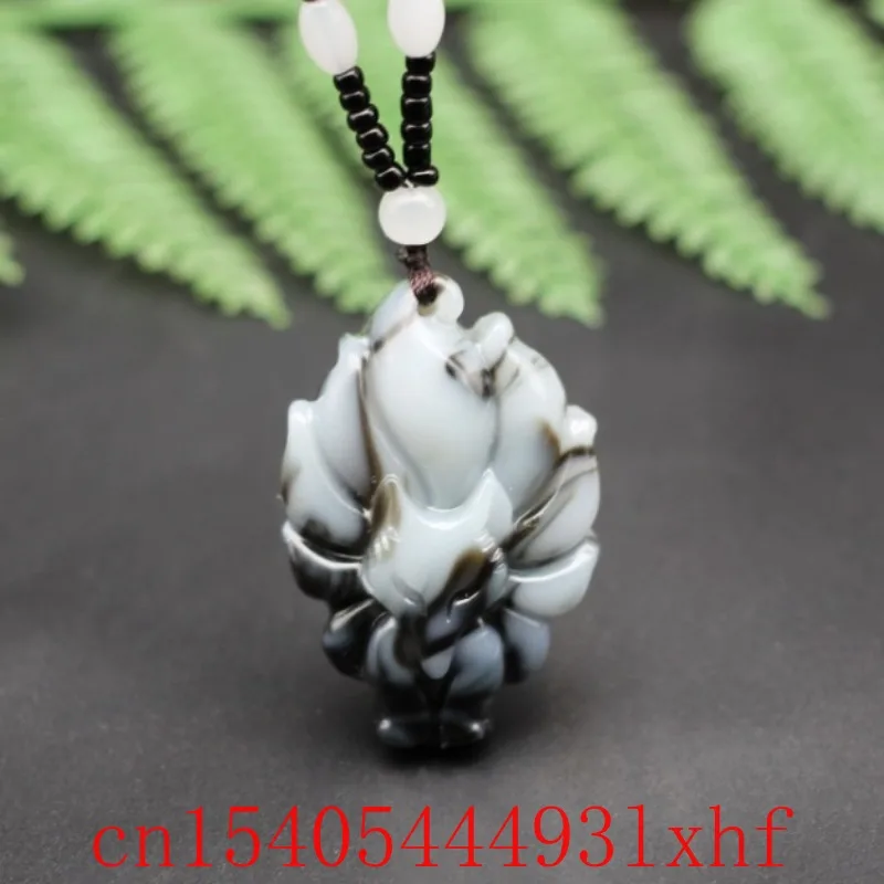

Natural Black White Jade Nine Tailed Fox Pendant Necklace Beads Fashion Fine Jewelry Jadeite Charm Amulet Gifts for Women Luxury