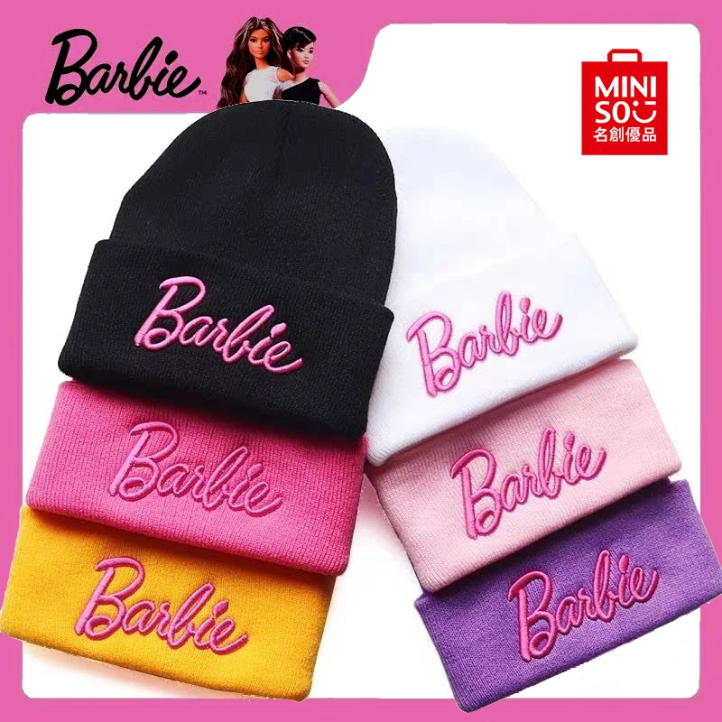 

Miniso Barbie Beanies Knitted Hat Bat Embroidery Winter Stylish Warm Fashion Woolen Sweet Girls Outdoor Wear Accessories Female