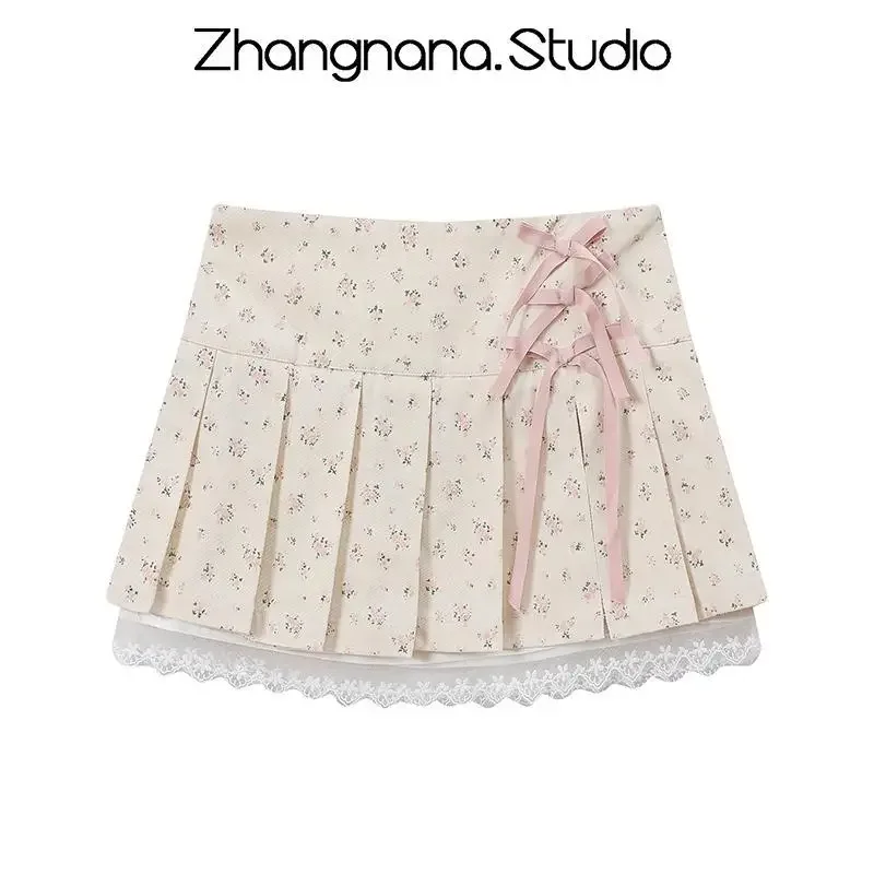 Japanese Sweet Y2k Mini Skirt Women Preppy All Match Slim Waist Tie Up Bow Lace Ruffles Pleated Skirt Faldas Mujer Moda 2024 - Image 2