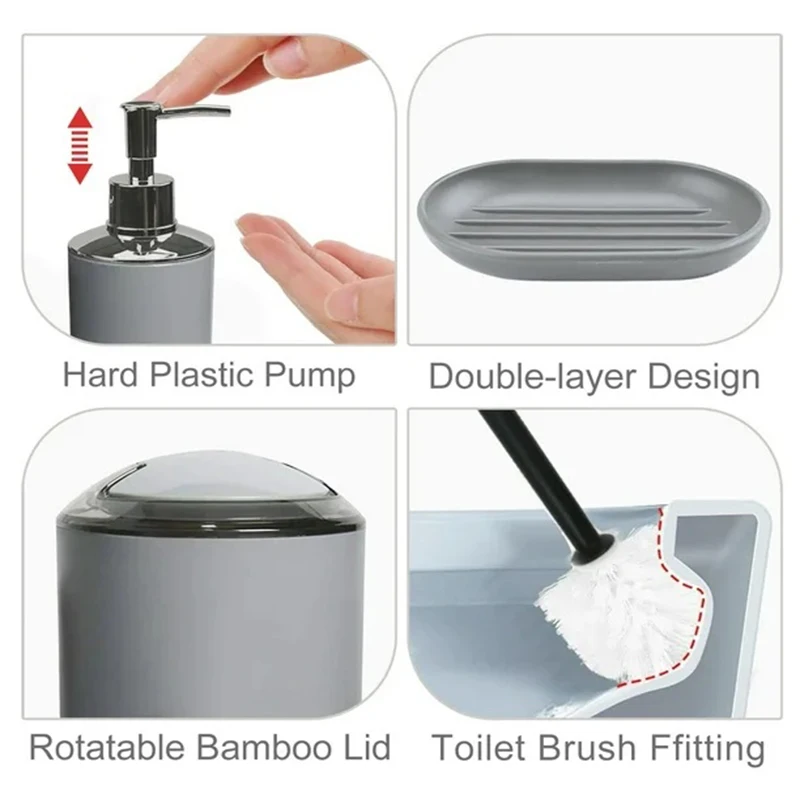 6 Pcs Plastic Bathroom Accessory Set Luxury Bath Accessories Bath Set Lotion Bottles, Toothbrush Holder, Tooth Mug, Soap Dish