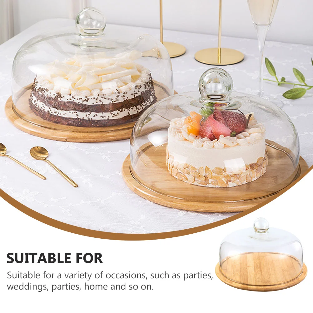 

Plate Pastry Plate Convenient Snack Tray With Glass Cover Dustproof Cake Glass Cover Food Cover With Bamboo Wood Tray