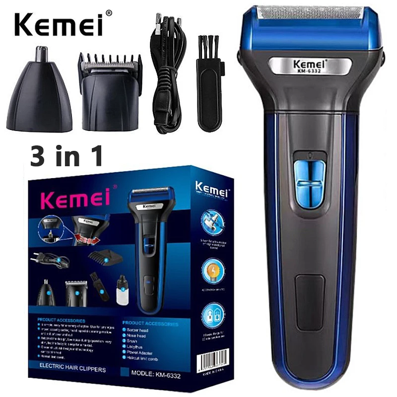 

KM-6332 3 In 1 Electric Foil Shaver Rechargeable Cordless Hair Clipper Beard Nose Hair Trimmer Razor Grooming Kit