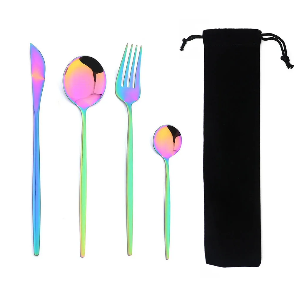 Stainless Steel Cutlery Set Cutlery Set Western Style Cutlery Set Picnic Cutlery Set Portable 4Pcs Dinnerware Set Stainless Steel Tableware Cutlery Western Knife Fork TeaSpoon Kitchen Dinner Flatware Set with Bag