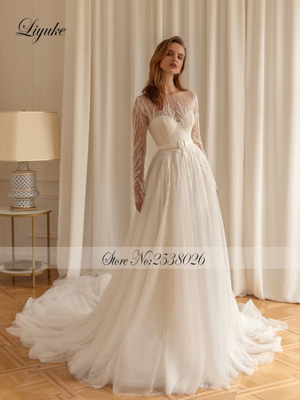 Liyuke Stunning A-Line Wedding Gowns Beading Embroidery Lace Full Sleeves Sliky Tulle Scoop Bridal Gowns 3