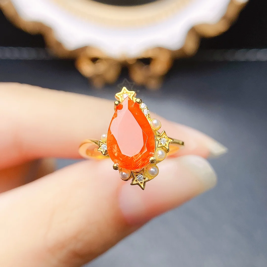 AAA VVS Orange Fire Opal Natural Untreated Earth Mined Red Opal Engagement Ring 925 Silver Opal With Star Promise Rings