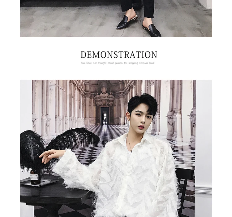 Description Picture 3 of itemSenior 3D Feather Sheer Sexy Men Blouse Trendy Handsome Party Shirt Male Dinner Banquet Fairy Elegant Tops Chic Vibe Ins Blouse