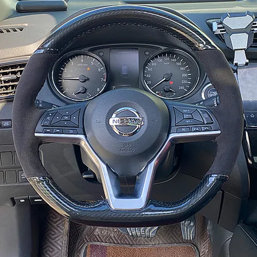 

For Nissan X-TRAIL Rogue Qashqai Serena Hand-stitched Black Suede Carbon Fibre Car Steering Wheel Cover Interior Accessories