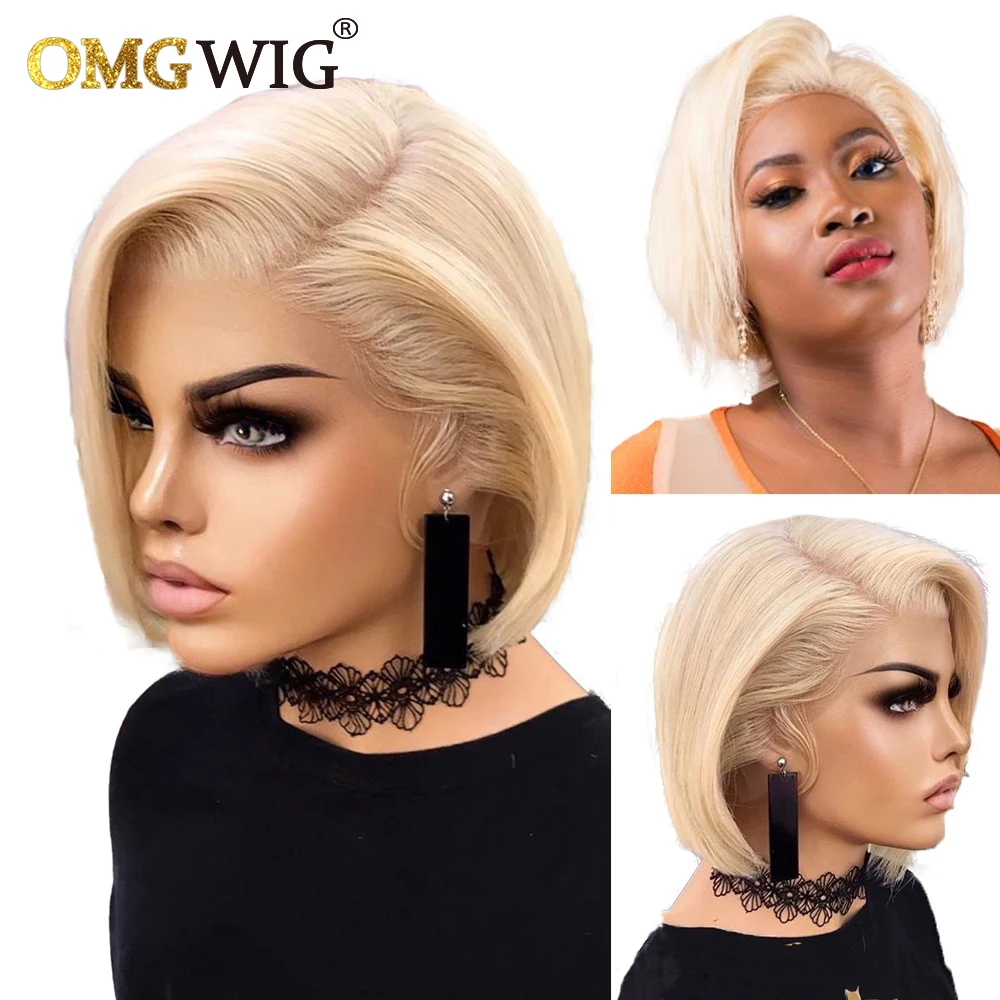 Straight Brazilian Remy Hair 13x1 Side T Part Wigs Blonde Short Bob Pixie Cut Wig Human Hair T Part Lace Wig Black Women 6x1 human hair wig lace front wigs