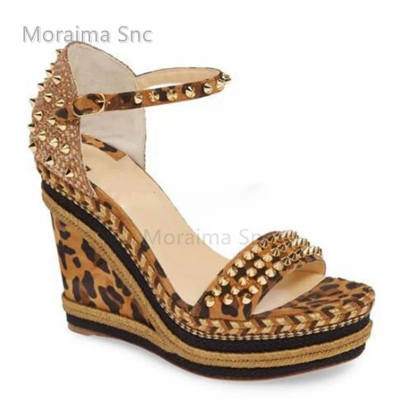 

Gold Silver Rivet Wedges Women's Sandals with Heels Summer Metal Stud Espadarille Platform Mixed Colors Patchwork Bohemain Shoes