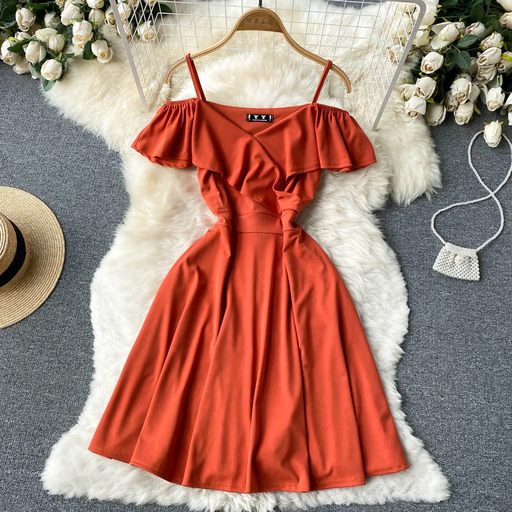 

Korean Fashion Sweet Age Reducing Versatile Ruffle V-neck Suspender Dress Small Man Close Waist Thin A-word Dress Female