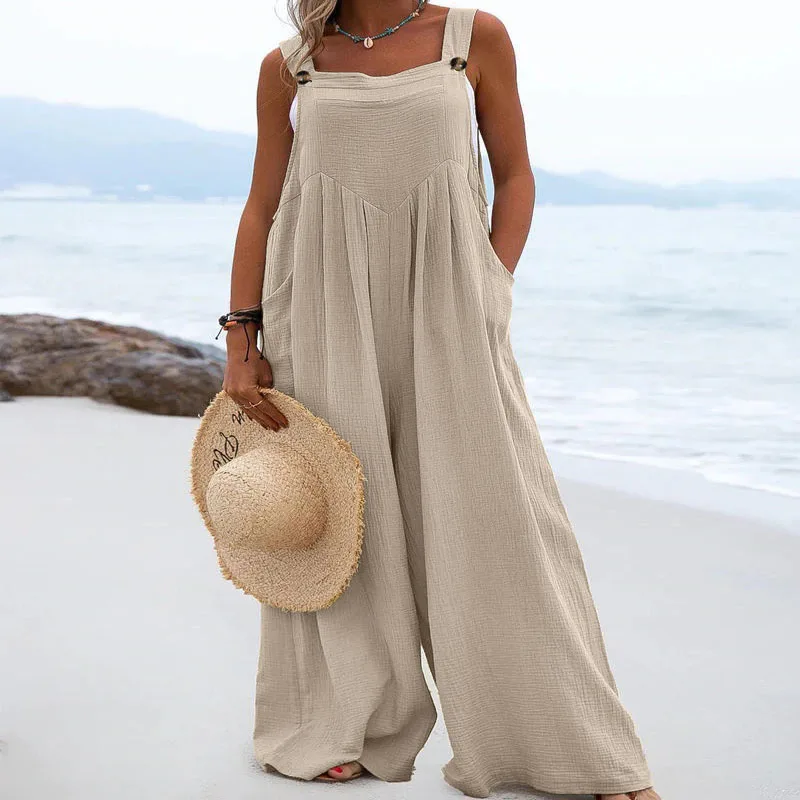 2023 Spring and Summer New Temperament Versatile Women's Folk Fashion Trend Button Solid Color Wide Leg Sleeveless Jumpsuit
