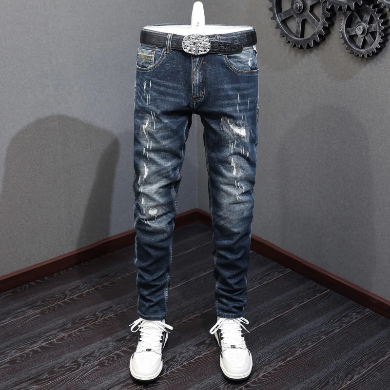Fashion Designer Men Jeans Retro Black Blue High Quality Elastic Slim Fit Patched Ripped Jeans Men Vintage Denim Pants Hombre