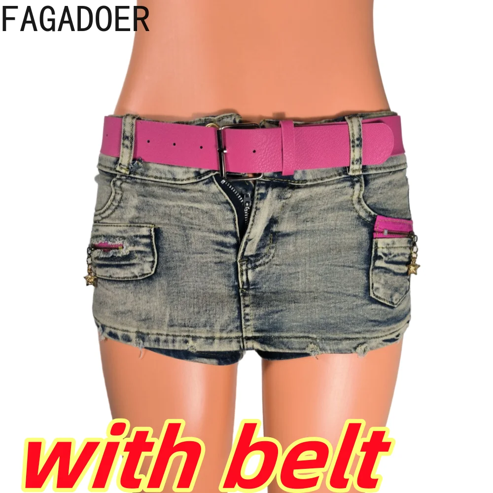 FAGADOER Fashion Streetwear Y2K  Women Low Waisted Denim Shorts Female Solid Cowboy Jean Sexy Female Matching Bottoms With Belt