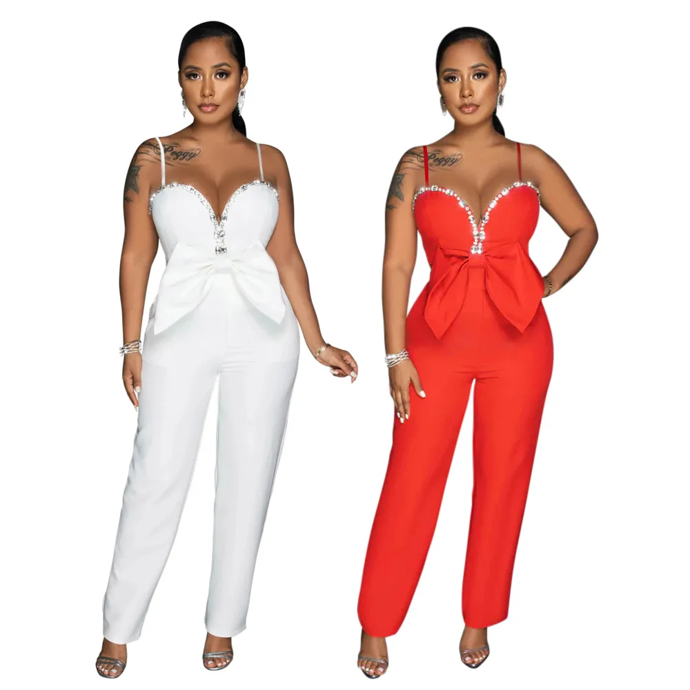 Fashion Women Butterfly Waist Crystal Spaghetti Strap Jumpsuit 2023 Autumn Sexy Party Playsuit One Piece Suit Romper 2023 summer spaghetti strap solid party jumpsuits women sexy v neck cross off shoulder irregular mini dresses hem jumpsuit