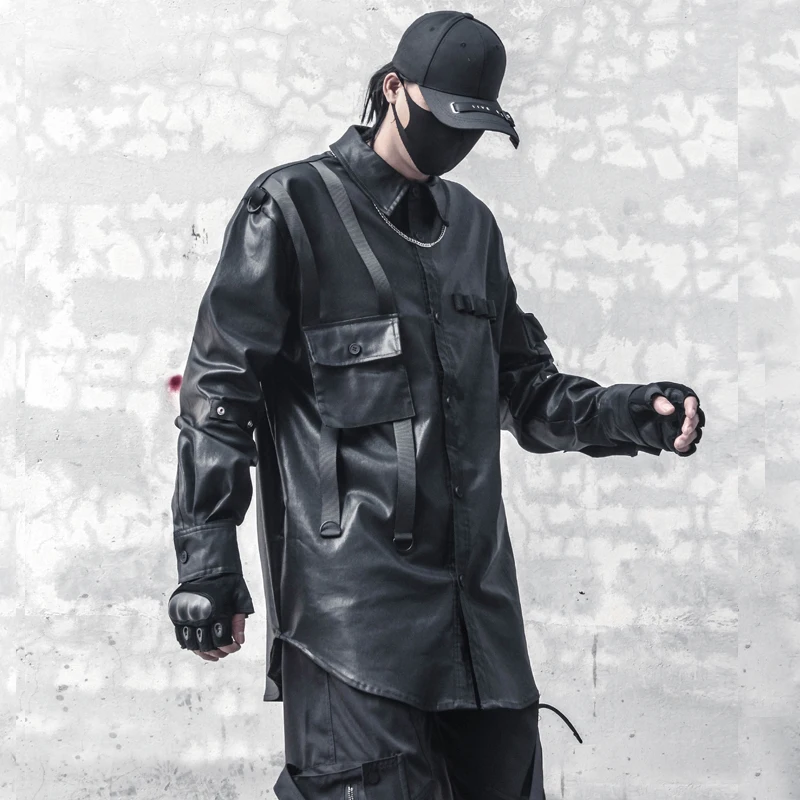 

Design Dark Retro Techwear Women Style Wax Coated Cargo Shirt Trend Gothic mid-length Coat