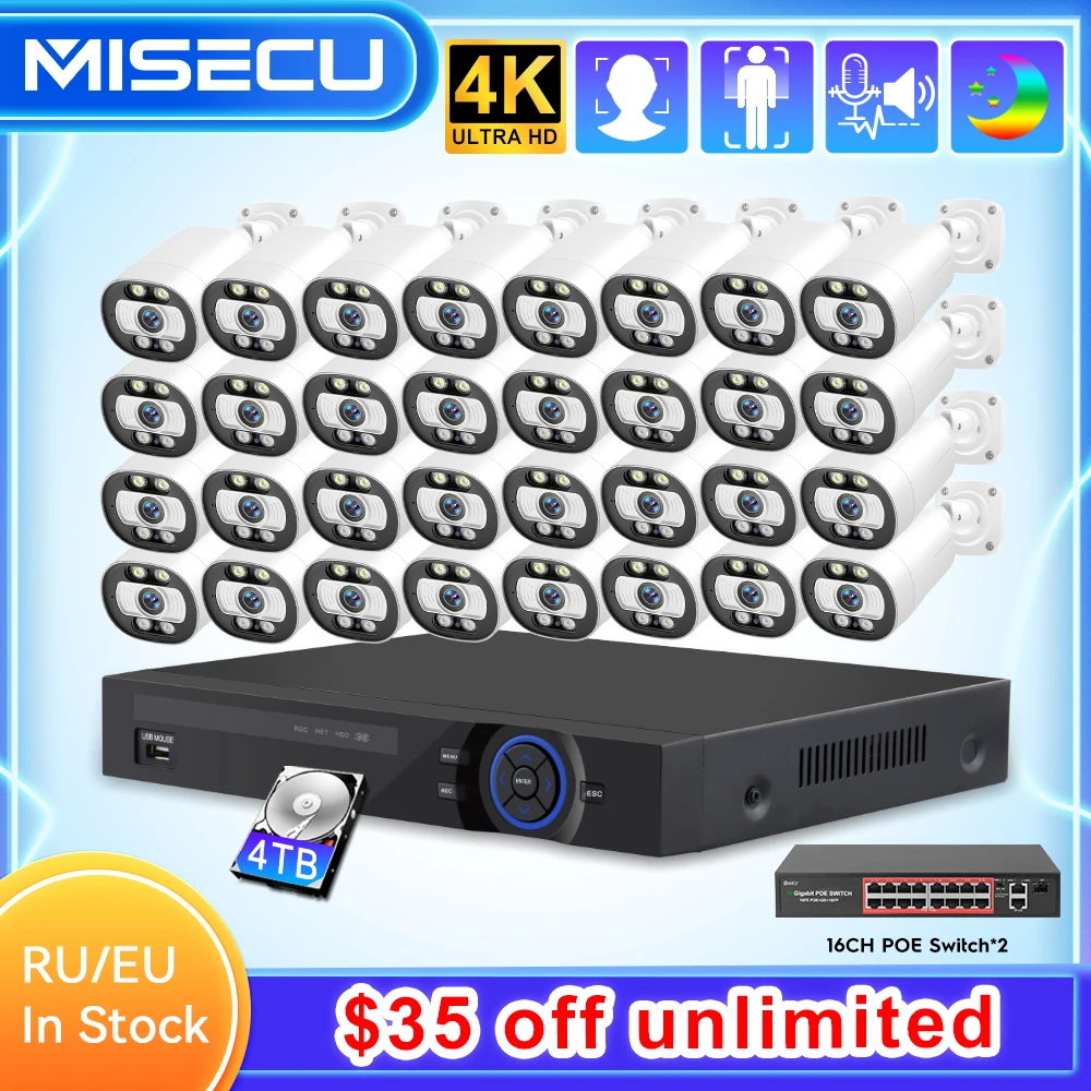 

MISECU 32CH 4K CCTV Security Camera System POE NVR 8MP AI Human Detect Full Color Night Vision Video Surveillance Protection Set