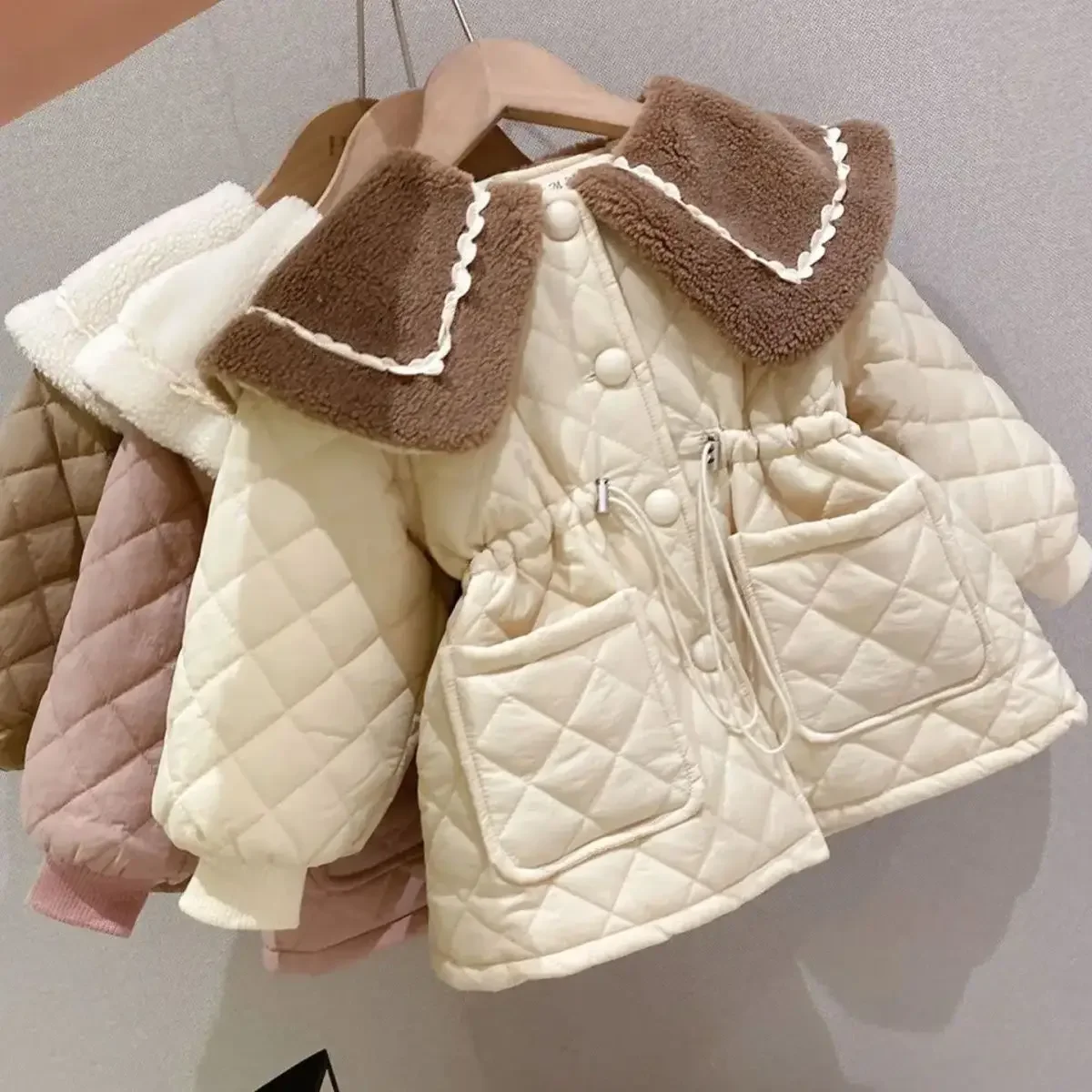 New Girls Winter Long Coats Big Fur Collar Cotton Padded Velvet Thick Warm Overcoats Kids Children Princess Coat Clothes