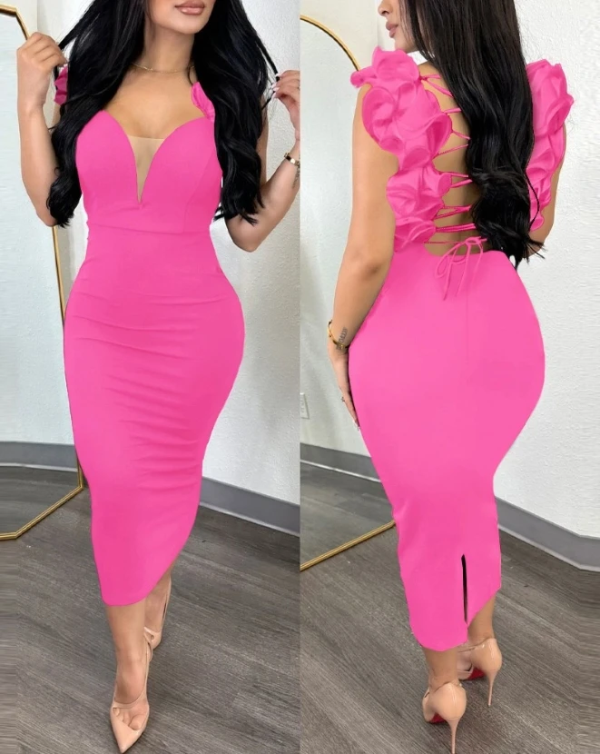 

Party Dresses for Women Ruffles Lace-Up Plunge Bodycon Dress 2024 Spring Latest Sleeveless Bodycon Skinny Daily Mid Calf Dress