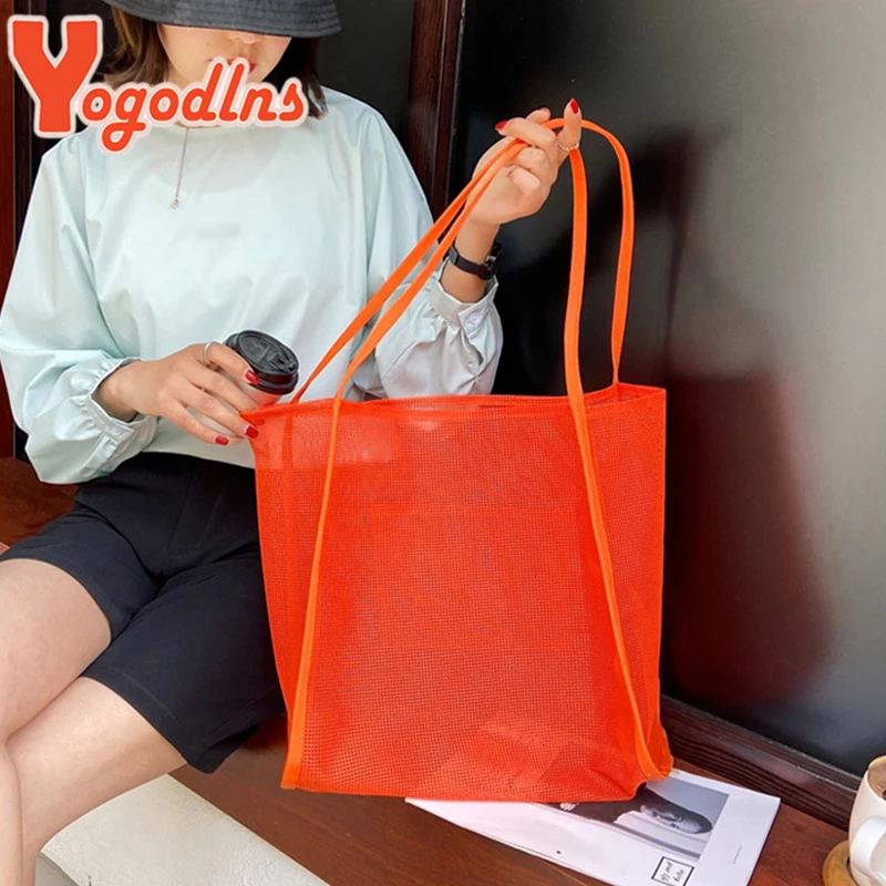 Yogodlns Trendy New Mesh Hollow Out Tote Bag Candy Beach Bags Travel  Handbag  Large Capacity Canvas Shoulder Bag Shoping Totes