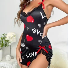 Sexy Heart & Letter Floral Slip Nightdress, Lace Trim Deep V Side Split Sleep Dress, Women's Sleepwear & Dresses